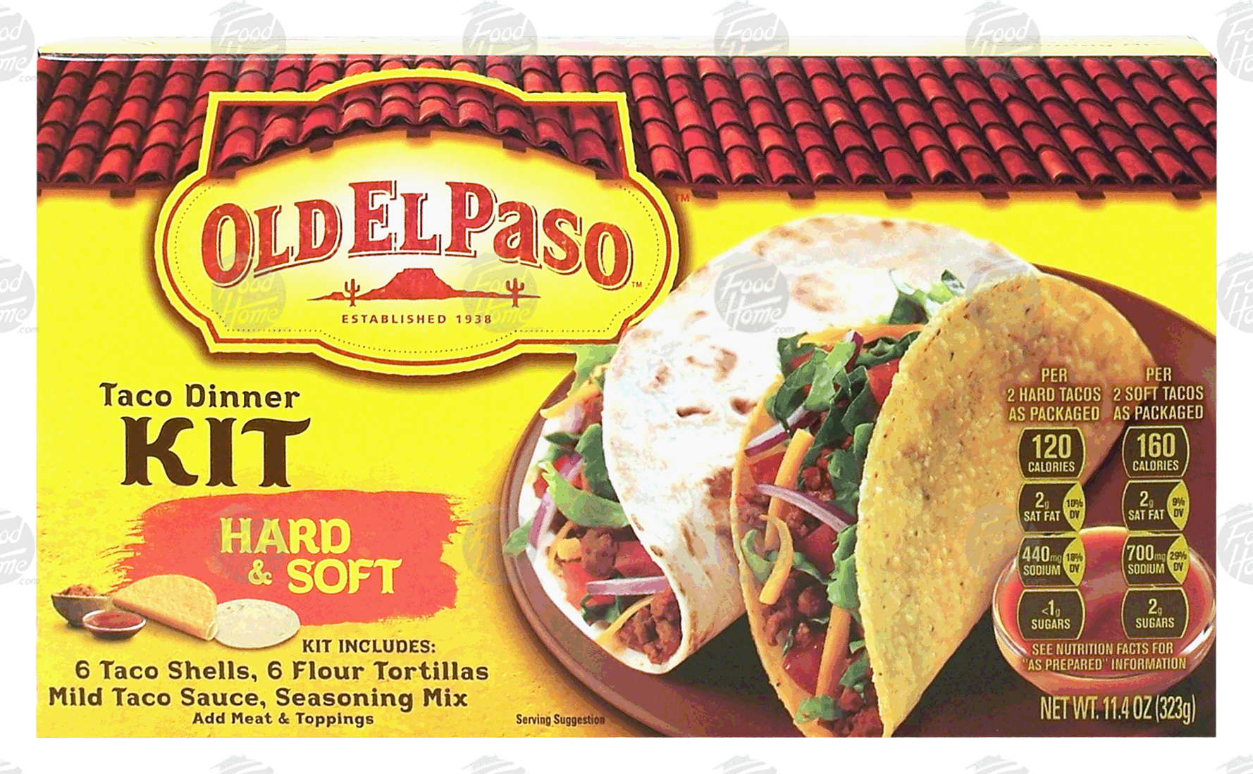 Old El Paso  hard & soft taco dinner kit; 6 taco shells, 6 flour tortillas, mild taco sauce, seasoning mix Full-Size Picture